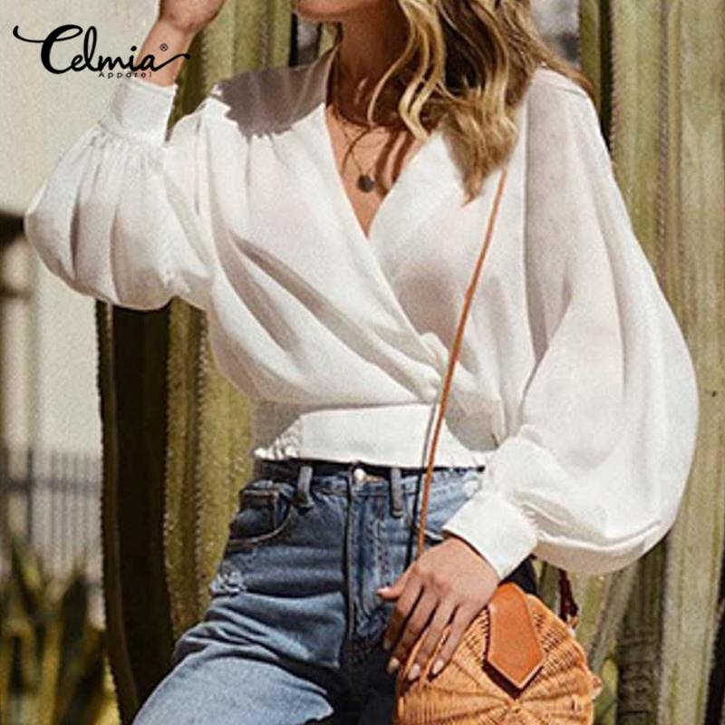 

Fashion Women Tops Blouses Celmia Plus Size -5XL Sexy Deep V Neck Shirt See-Through Long Lantern Sleeve Elastic Waist Blusas 7, Black