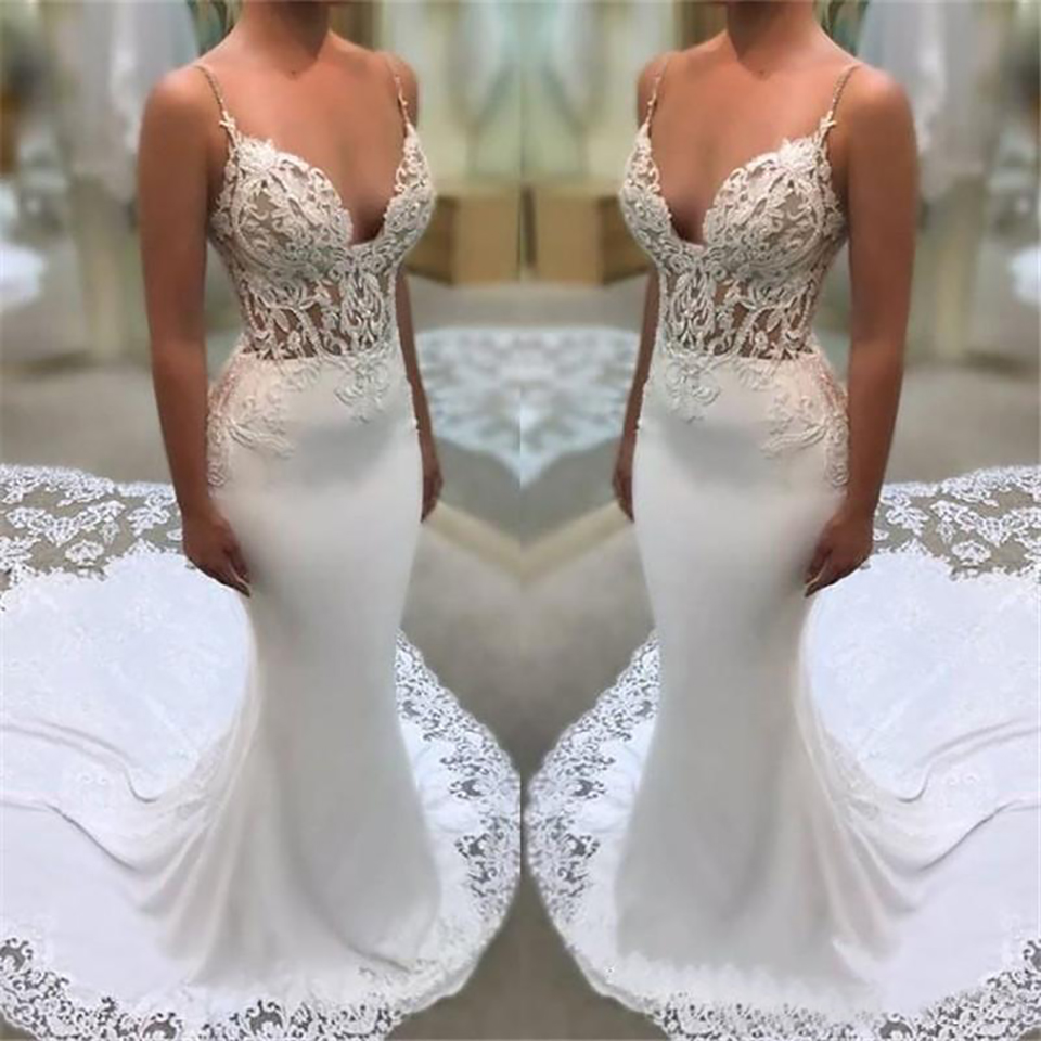 

New Lace Satin Mermaid Wedding Dresses Sexy Spaghetti Straps Illusion Bodice Bridal Gowns With Court Train Wed Dress, Ivory