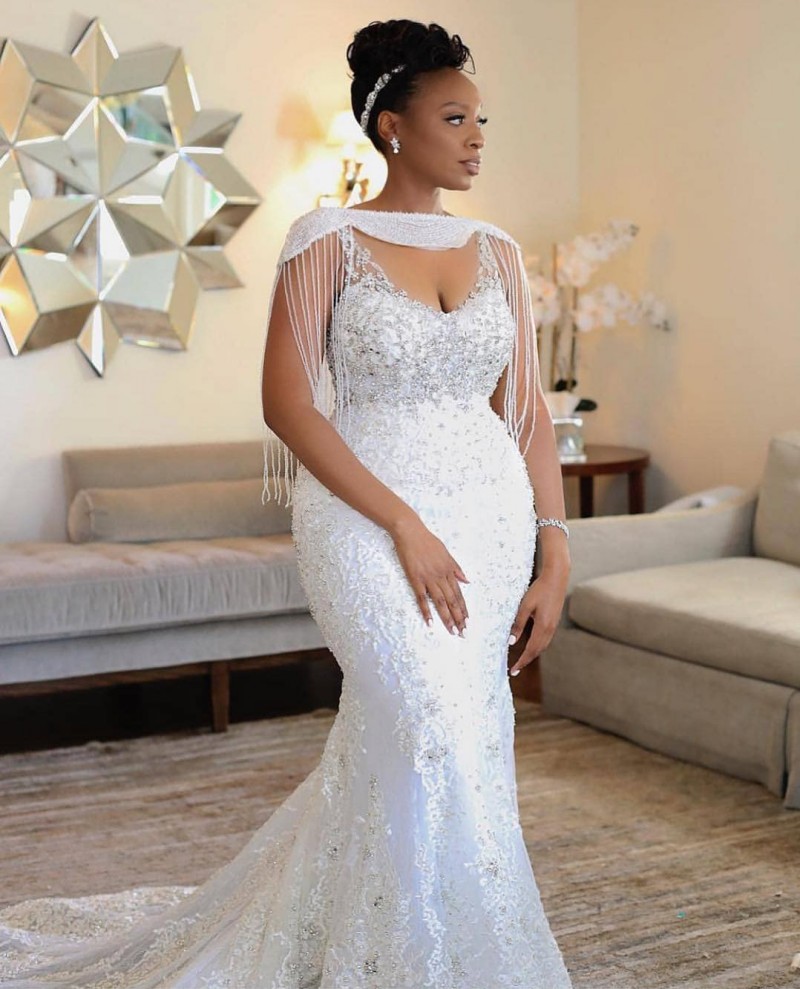 

Custom Made Mermaid Weddding Dreses With Wrap Beading Crystal Lace Appliqued Sexy Spaghetti Bridal Dress African, Black
