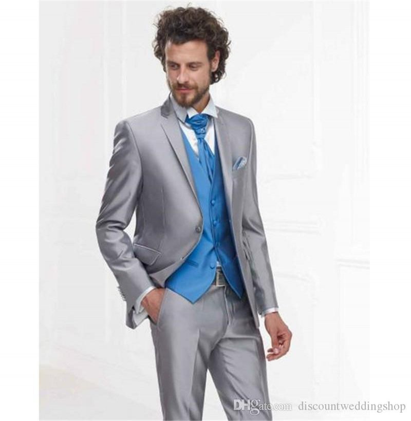 New Arrival Shiny Silver Groom Tuxedos Notch Lapel Man Work Business Suit Mens Party Blazer Coats Trousers Set (Jacket+Pants+Vest+Tie) J725