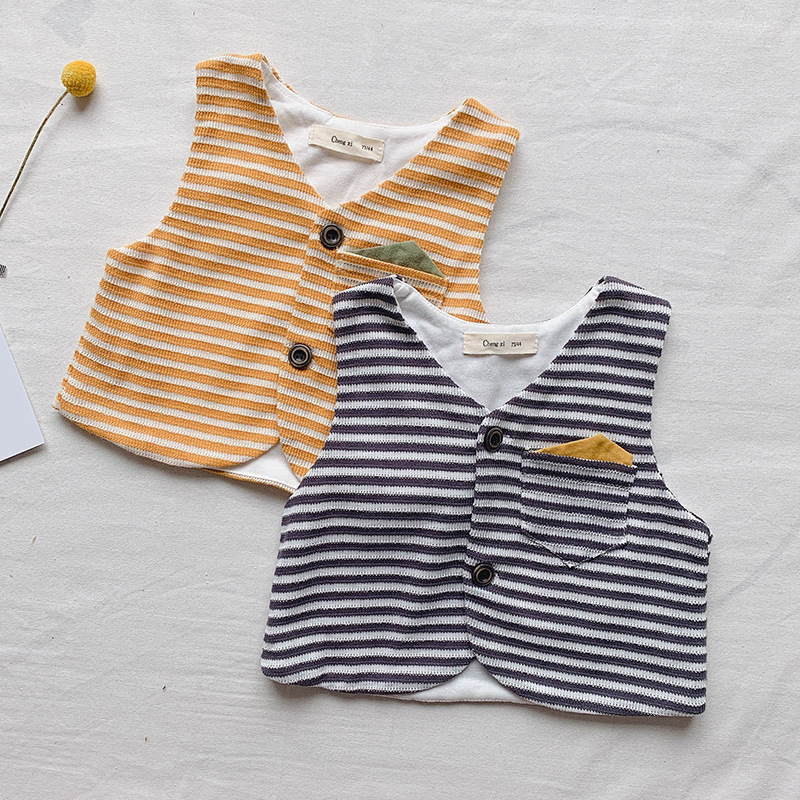 

Korean Fashion Autumn Spring Cute Toddler Baby Striped Waistcoats Single-breasted Vest for Newborn Winter Kids Children Clothes, Gray