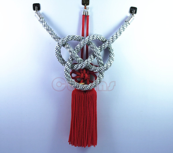 

ONE SET JP JUNCTION PRODUCE CAR SILVER KIN TSUNA ROPE & RED FUSA KIKU KNOTS FOR CAR REARVIEW MIRROR