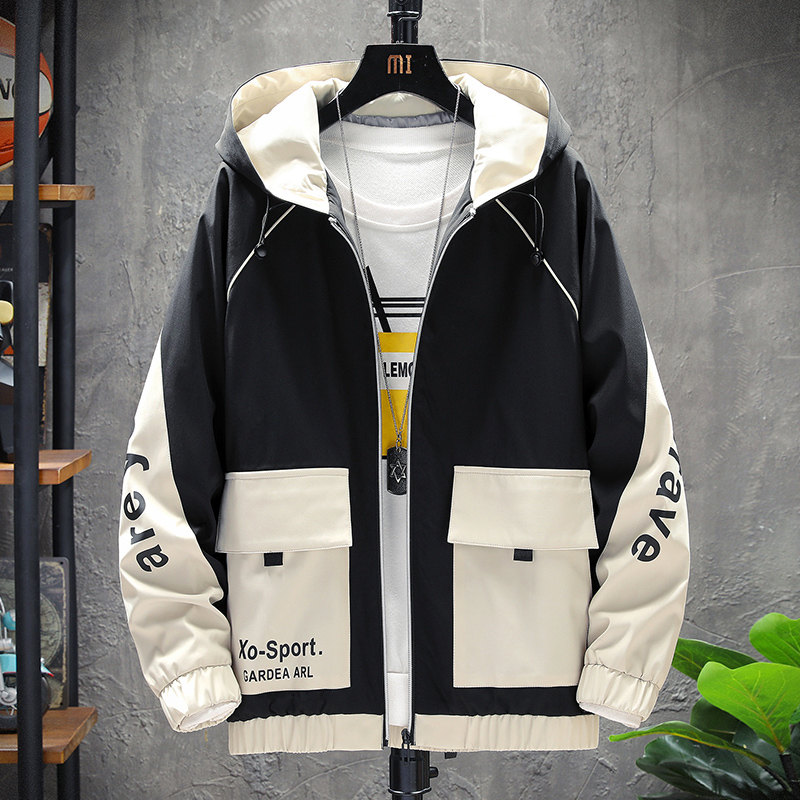 

2020 spring and autumn clothes Men Jacket Size 3XL Outwear Hooded Wadded Coat Slim Parka men's hooded fashion printed jacket, Black