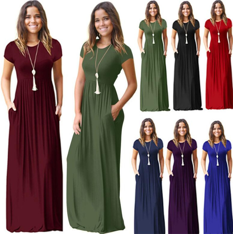 

Fashion Summer Pocket Dress Women Casual Short Sleeve O Neck Solid Maxi Dress Summer Pocket Floor Length Dress Women Party Dresses Female, Black;gray