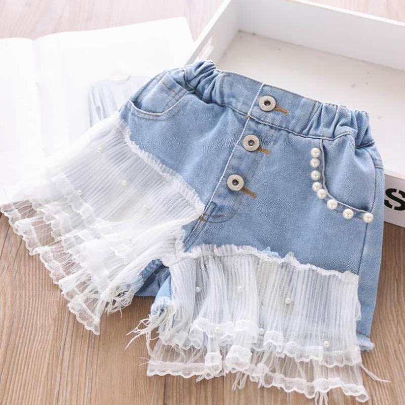 

3T-10T Wholesale Children denim shorts summer new kids holes mesh stitching beading hot pants korean jeans shorts for girls L243, Blue (110-150)