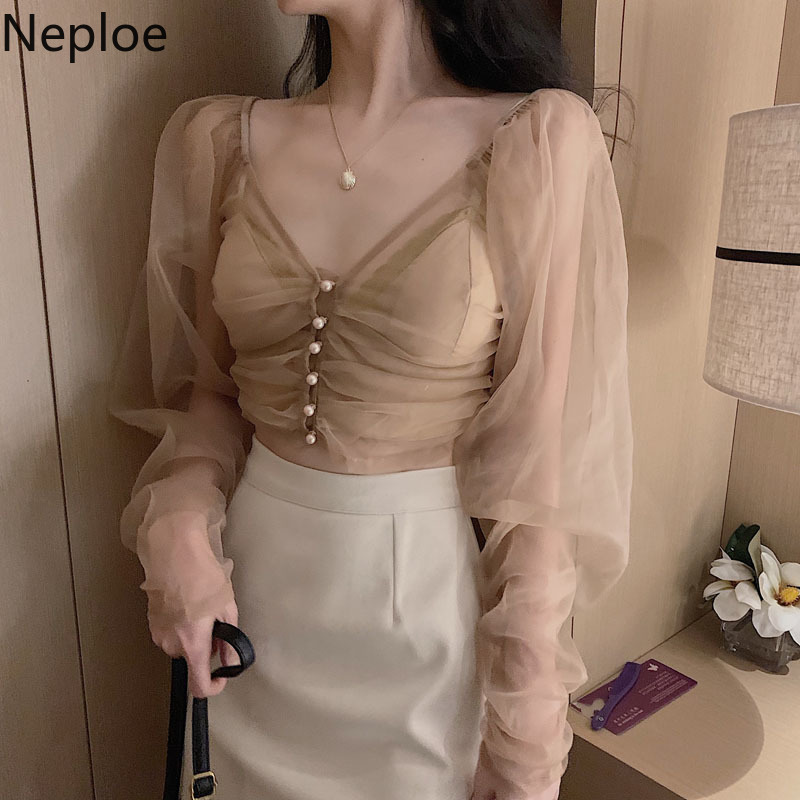 

Neploe Women Mesh Perspective Blouse Tops Long Sleeve V-neck Single Breasted Blusas 2020 Spring Korean Slim Short Shirts 59095, Black