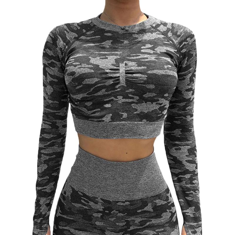 

Women Gym Clothing Tight Yoga Quick-drying Back Hollow Sports T-shirt Camouflage Running Fitness Clothes Long Sleeve Top Workout, Pants