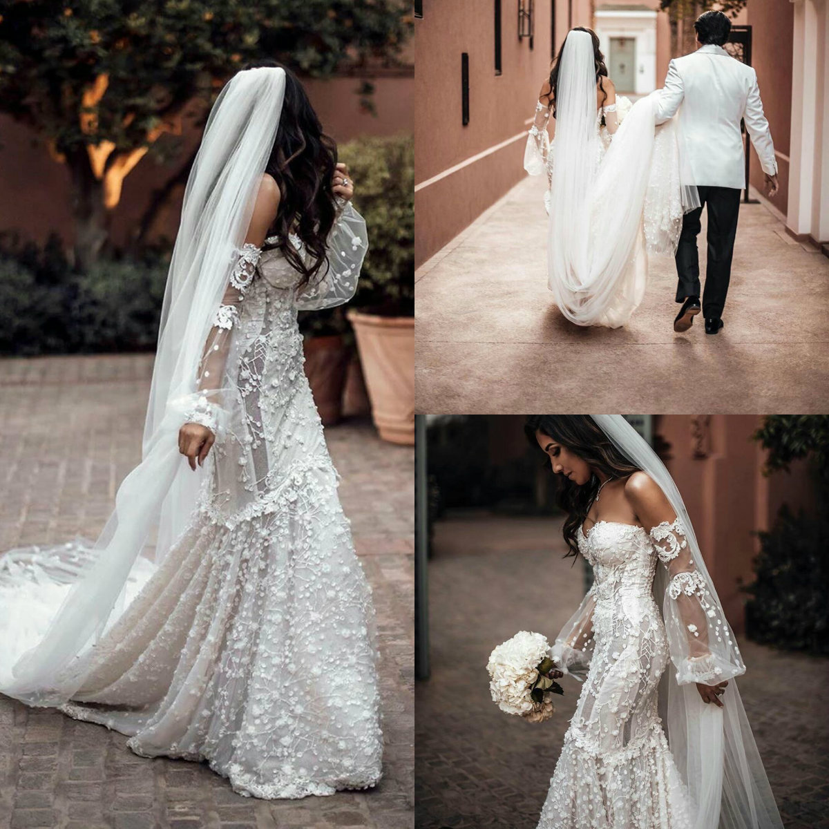 

2019 Modest Mermaid Wedding Dresses Lace Appliqued Berta Sweep Train Beach Wedding Dress Bridal Gowns Plus Size Long Sleeve abiti da sposa, Khaki