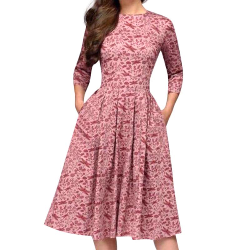 

JAYCOSIN 2020 Women Spring Autumn and Winter Dress Party Retro Small Floral Printing Seven-Point Sleeve Round Neck A-line Dress, Blue