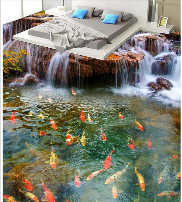 

3d pvc flooring custom photo Waterproof Self-adhesive floor Beautiful waterfall stream carp living room home decor wallpaper for walls 3 d, Customize