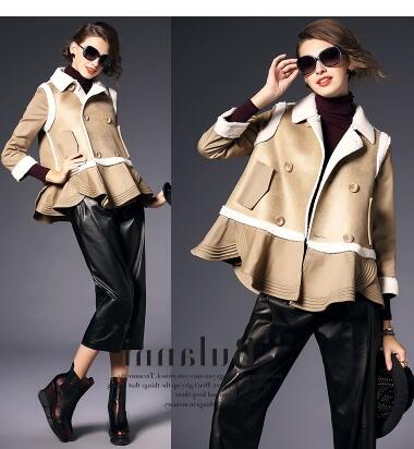 

New design women's turn down collar faux suede leather plus velvet lamb fur liner bottom ruffles slim waist peplum top coat casacos, Khaki coat