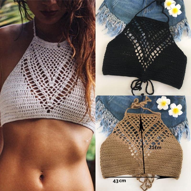 

2020 New Tank Tops Shirt Plain Halter Vest Strap Crop Tops Bra Beach Bikini Summer Short Vest Sexy Hollow Out Crochet Bikini, As pic