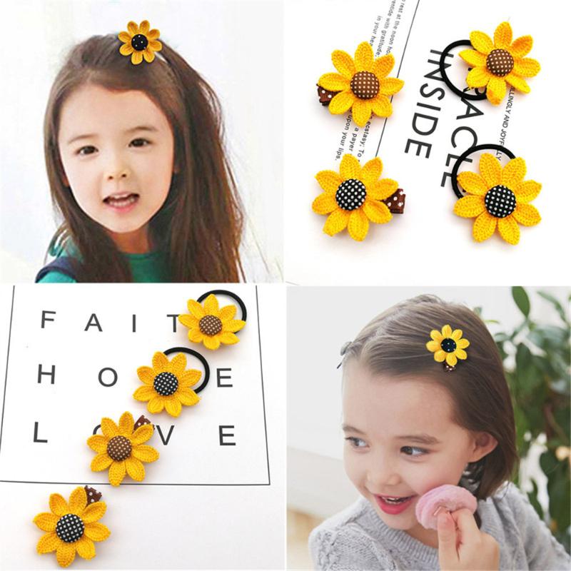 

4pcs Sunflower Clips Elastic Hair Bands Cloth Hair Clips Ties Head Wrap Ponytail Holders for Baby Girls Hairpin Accessories, White