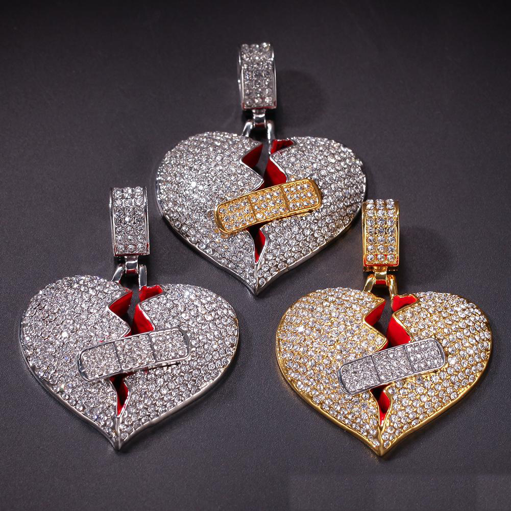 

Broken Bandage Heart Necklaces Men's Bling Crystal Iced out Love Pendant Gold Silver Twisted chain For women Hip hop Jewelry