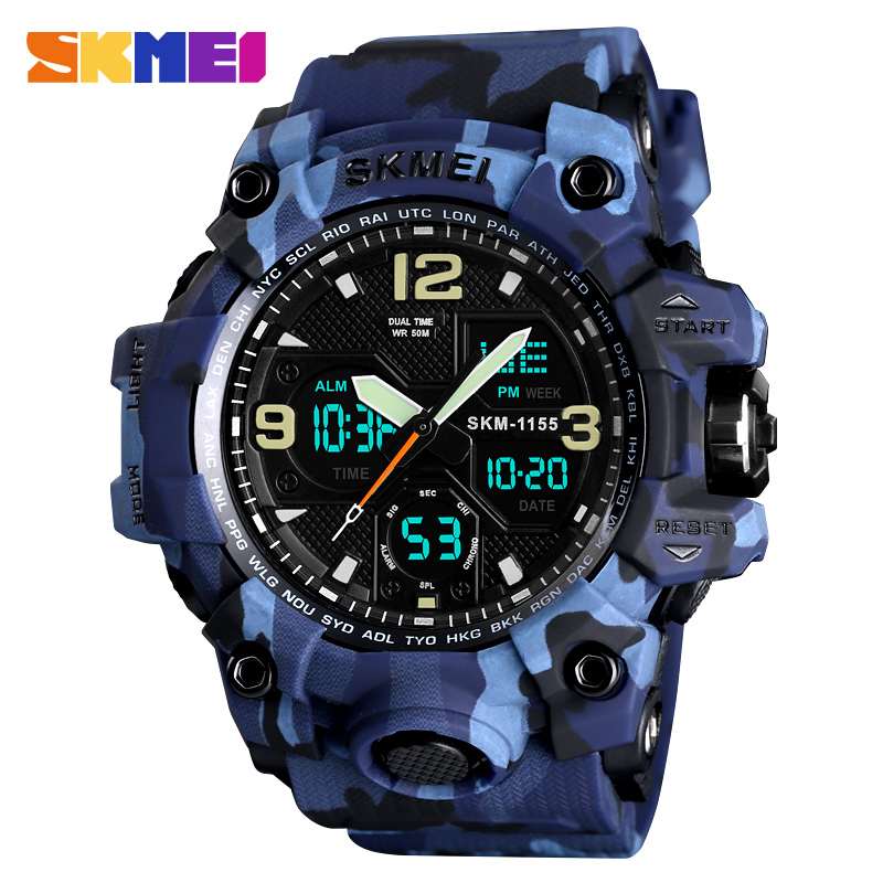 

SKMEI Top Luxury Army Camo Sports Watches Men Quartz Digital Waterproof Sport Watch Male relogios masculino Wristwatch, Blue