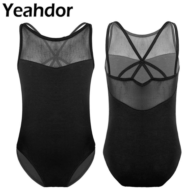 

Cotton Ballet Leotard Girls Kids Sleeveless Mesh Splice Criss-cross Back Ballet Dance Gymnastics Leotard Jumpsuit Girls, Black