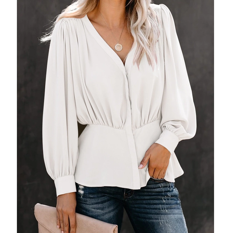 

Womens Tops And Blouses Long Sleeve Lady Cardigan With Button Fashion Woman Blouses 2019 New Lapel Shirt Turn Down Collar Blouse, White