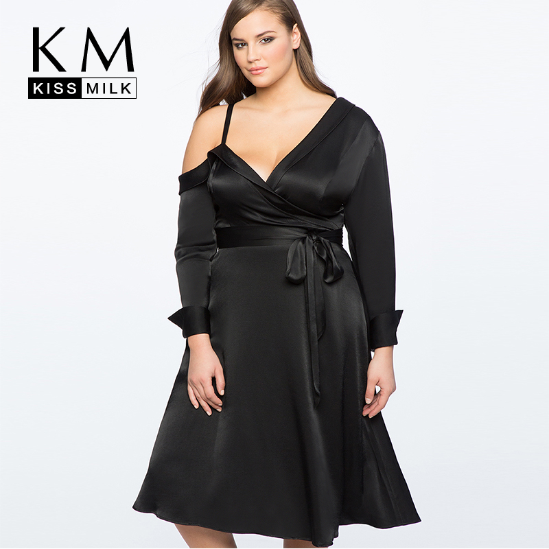 

Kissmilk Plus Size A-line Sling Off Shoulder Clavicle with Satin Large Size Long Sleeve Dress, Black