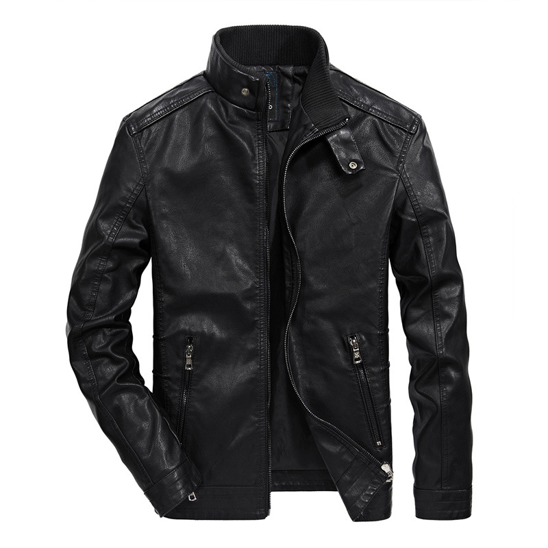 

Fashion Solid Men Faux Leather Jacket Slim Pockets Winter Jacket Stand Zippers Motorcycle PU Leather Coat, Black