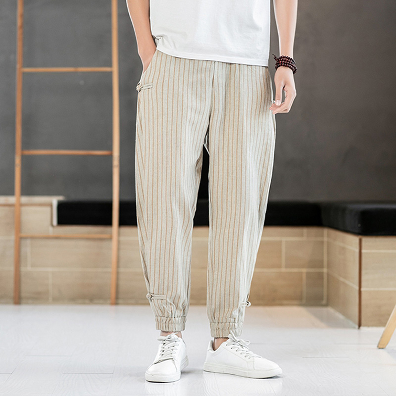 

Streetwear stripe Pants Men Joggers Men Harem Pants Japanese Casual Cotton Linen Trouser Man Jogger Chinese Baggy, Gray