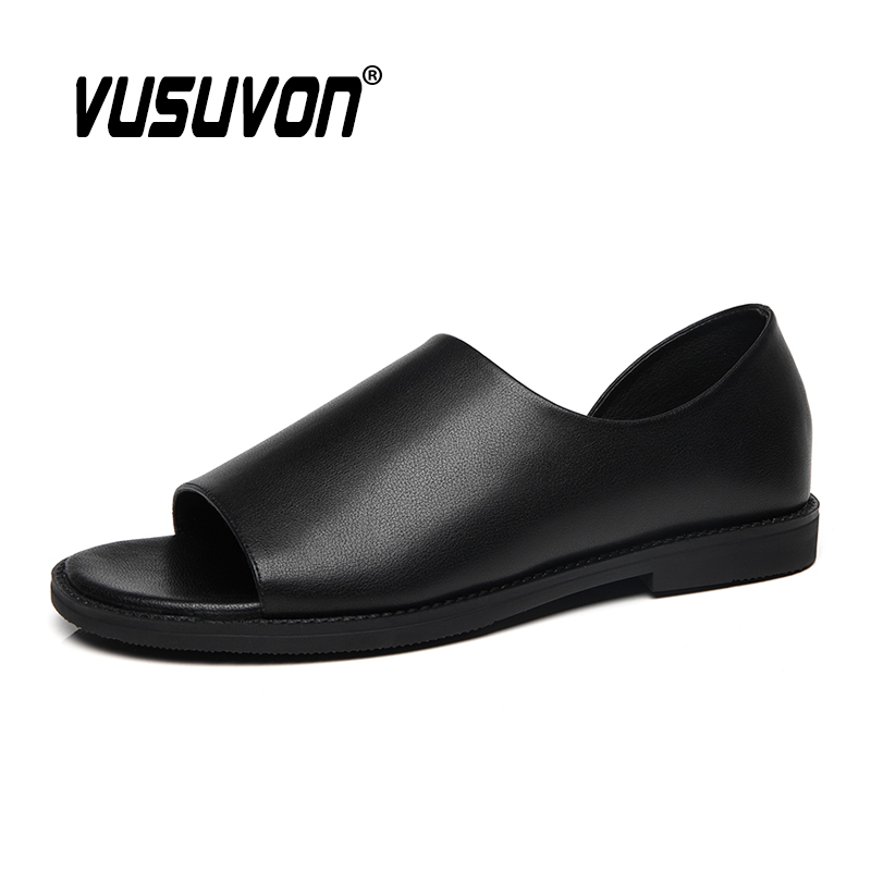 

Handmade Sandals Men Summer Beach Shoes Black Leather Shoes Breathable Casual Men Flat Roman Peep Toe Flip Flops 2020