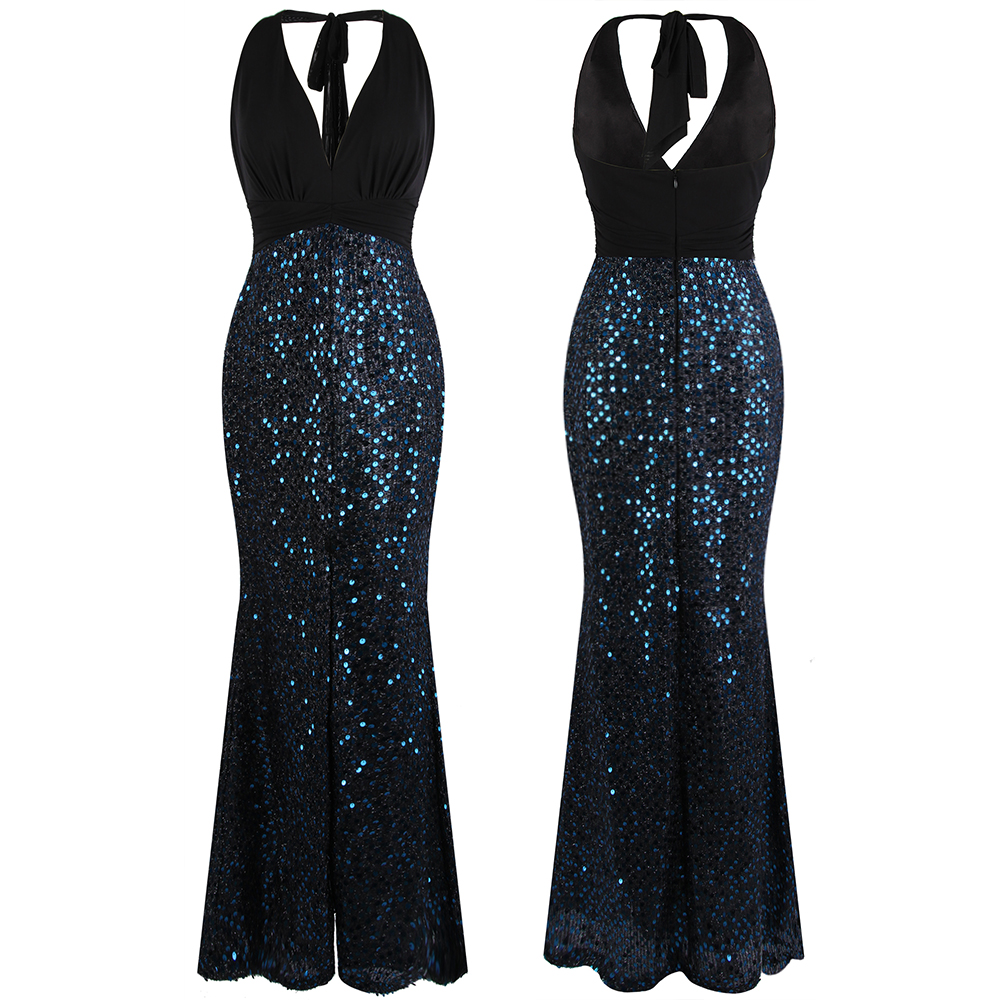 

Angel-fashions Women Halter Deep V Neck Pleated Slit Blue Sequin Long Mermaid Evening Dress Vintage Slim Black 484