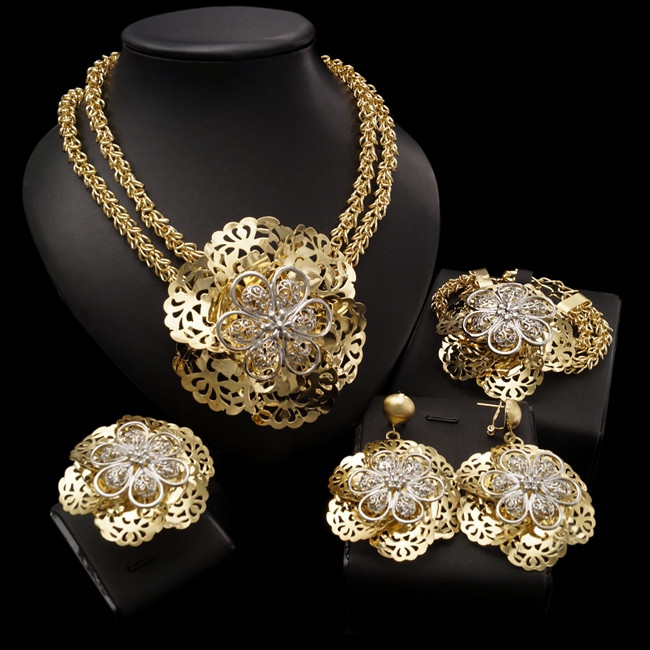 

Yulaili African Pageantry Decorative Pattern Big Flower Fashion Thick Necklace Bracelet Earrings Ring Design Dubai Gold Jewelry Set, Golden
