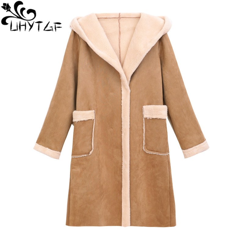 

UHYTGF Hooded autumn winter coat women's quality deerskin lambswool jacket female thicken casual 5XL plus size Parker women 1076, Gray