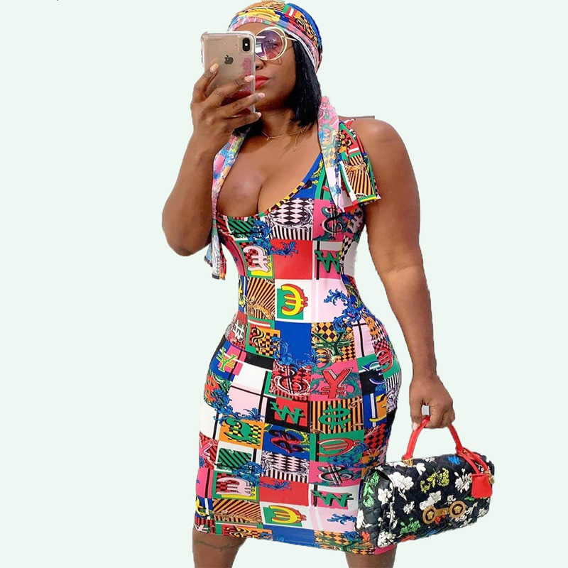 

summer women letter print sleeveless knee length midi bodycon dress nigth club party dresses vestidos head scarf, Colorful