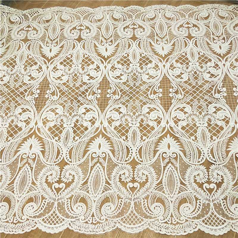 

100% Cotton thread embroidered tulle lace fabric with sequins shiny, ivory 1 Meter continuous lace fabric high quality factory