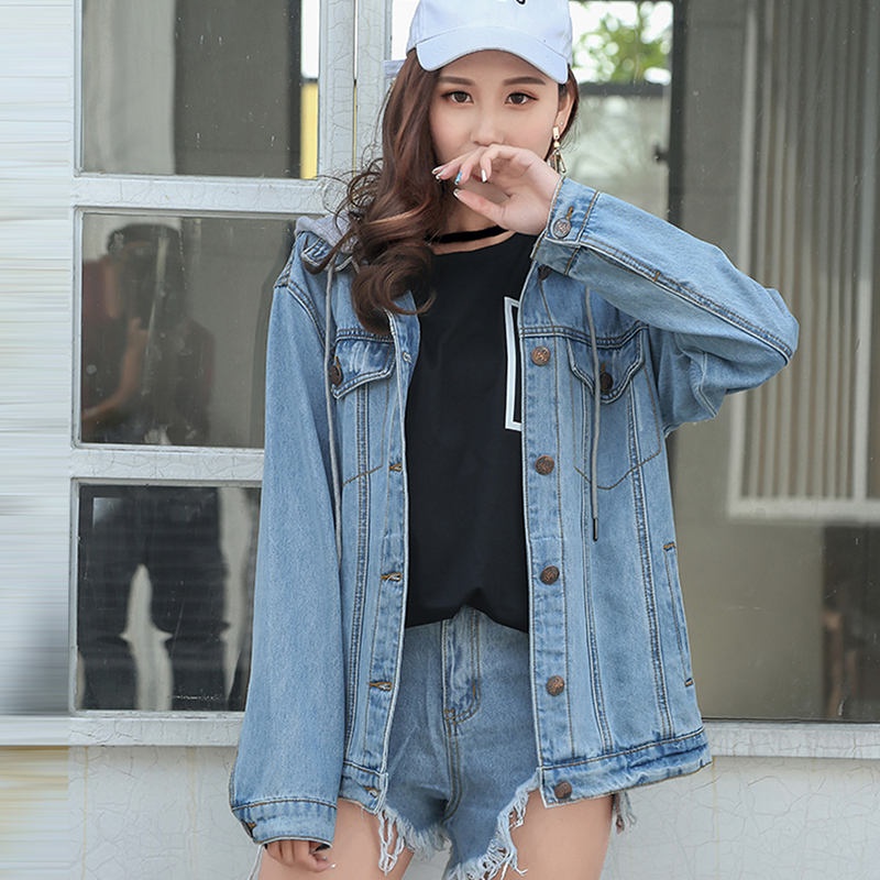 

New Detachable Hat Jeans Jacket Women Vintage Denim Jacket Pocket Ladies Outerwear Basic Coats Autumn Winter Casaco Feminino, Blue