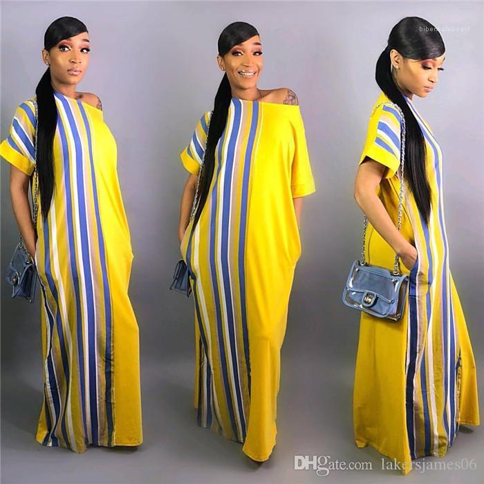 

One Shoulder Striped Print Female Clothing Fashion Style Casual Apparel Womens Summer Desinger New Maxi Dresses 2020 Short Sleeve, Black;gray