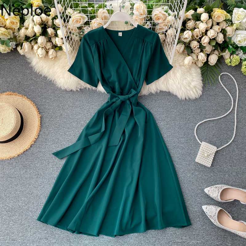 

Neploe Korean Solid Elegant Women Dress Short Sleeve V Neck Lace Up Slim Waist Vestidos Femme 2020 Summer A-line Dresses 4A1027, Black