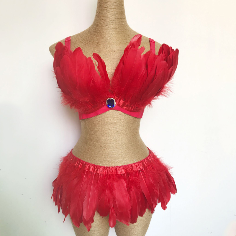 

Red Feather Bikini Suit Costumes Nightclub Bar Sexy Performance Rave Wear Women Singer DJ Lead Dance Clothes Stage Outfit 1766, Feather suit