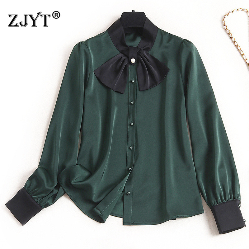 

2020 New Women Spring Blouses Long Sleeve Fashion Designers Bowknot Solid Office Work Blouse and Shirt Womens Tops Blusas, Green