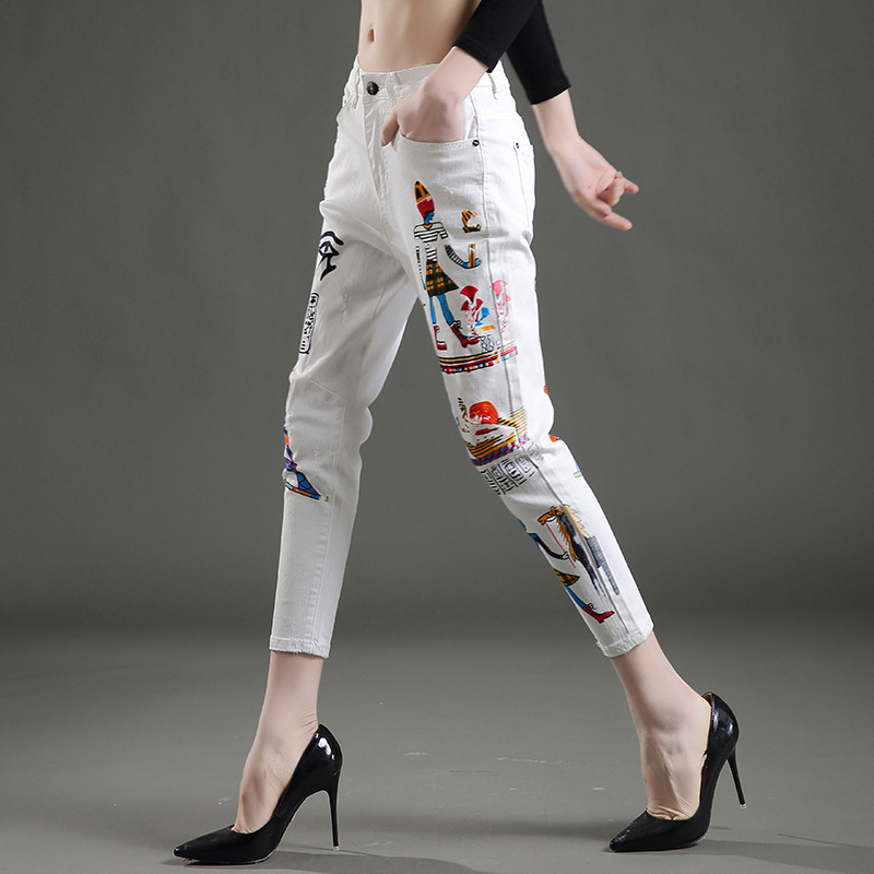 

New Spring Summer 9 Nine Denim Pants Female Cross Jeans Mid Waist Printing White Trousers Casual Women Jeans and Pants Tide, Black