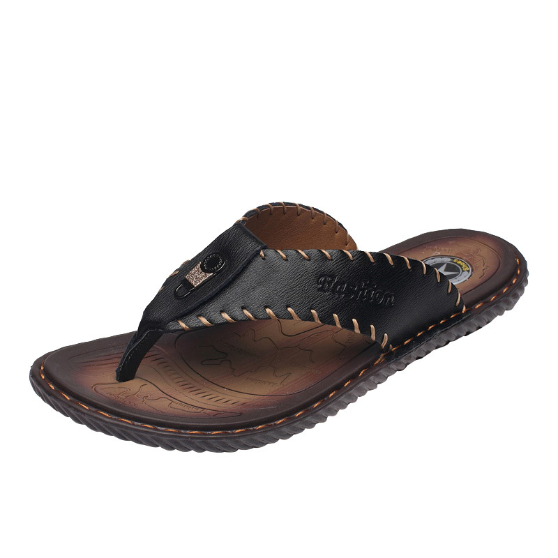 

Summer New Style 2020 Genuine Leather Retro Flip Flops Men Slippers Cowhide Casual Slipper Slit Toe Beach Shoes Men, Black