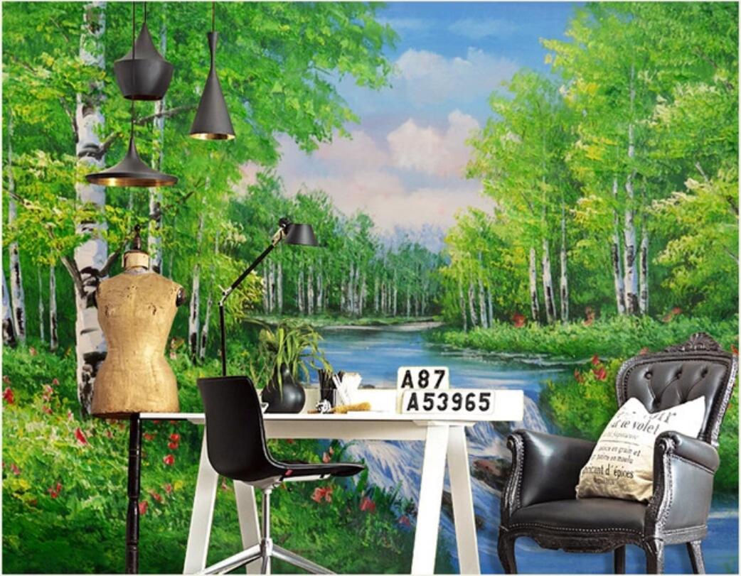 

3d wallpaper custom photo murals The forest river water sky one color forest scenery oil painting artistic backgroun decor wall art pictures, Non-woven fabric