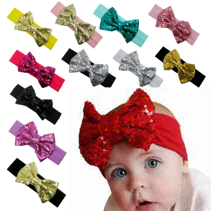

Boutique Baby Girl Hairbows Elastic Headbands Baby girl Sequins Shining Hair Bows Knot Bows Hair Accessories Free shipping, Mixed