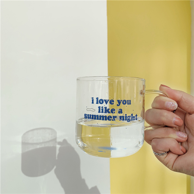 

South Korean ins same blue letter love you round bottom glass lovers creative milk cup coffee cup juice cup, Clear