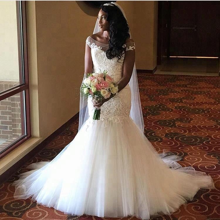 

2020 Plus Size Mermaid Wedding Dress Sheer Bateau Neck Lace Appliques Tulle Skirt Custom Made Bridal Gown 50% Discount, White