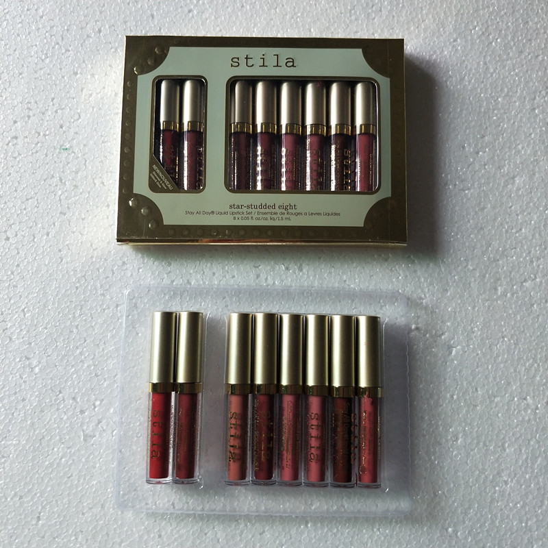 

Stila Star Studded 8pcs Liquid Lipstick Lip gloss Set Stay All Days Long Lasting Creamy Shimmer Liquid Makeup Lip Gloss drop shipping, One set