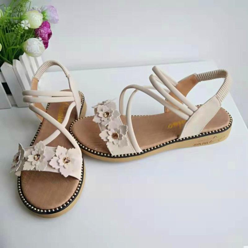 

Womens Sandals Flat Women Flower Rhinestone Non-slip Flat Sandals Soft Leather Buckle Cross Straps Roman Schoenen Vrouw, Beige