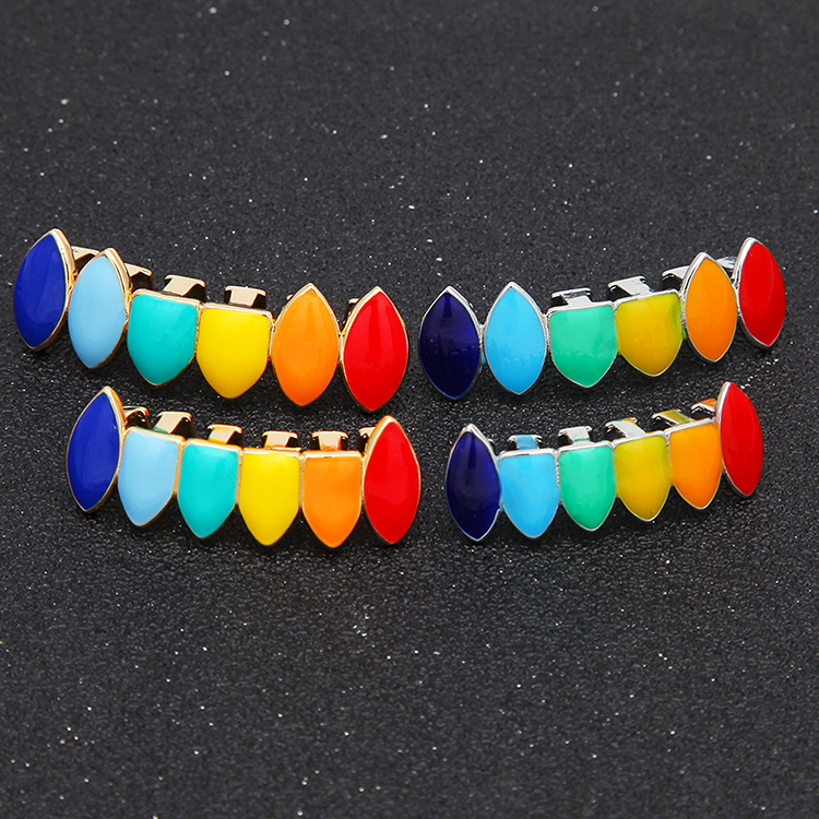 

Hip Hop Rainbow Teeth Grillz Top & Bottom fale Grills Dental Gold Silver Tooth Caps For women & men Halloween body Jewerly with Box