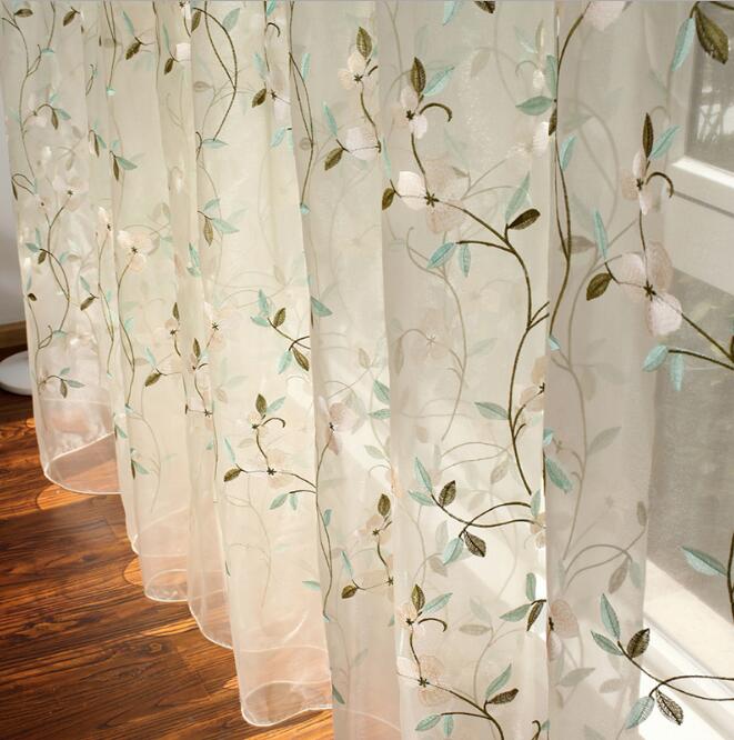 Sheer Curtains Idyllic flower window screen light blocking cotton linen floor American rural flowers vine embroidery curtain-image-496106376