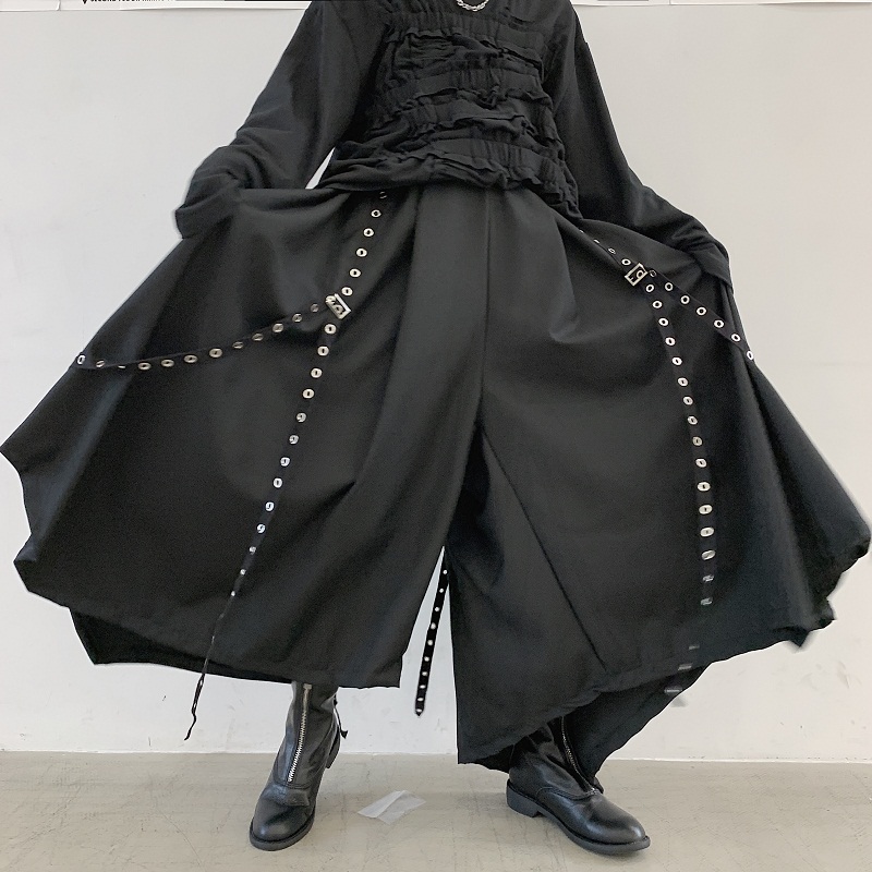 

2020 Men Ribbon Dark Black Wide Leg Pants Male Women Japan Streetwear Punk Gothic Harem Trousers Kimono Skirt Pants