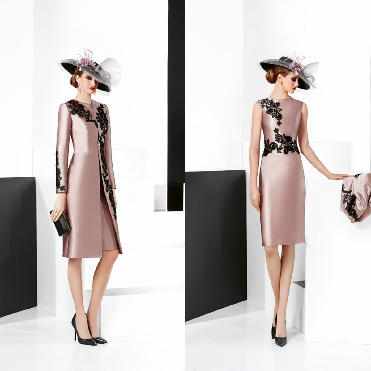 

2020 Pink Mother Of The Bride Dresses With Long Jacket Lace Appliqued Satin Wedding Guest Dress Knee Length Formal Mother Outfits Evening