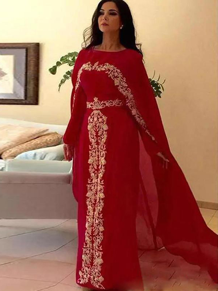 

Dubai Caftan Chiffon Red Evening Dresses sheath with Long Sleeves with Lace Appliques cape Abendskleid Abaya Muslim Long Prom Party Gowns, Light purple