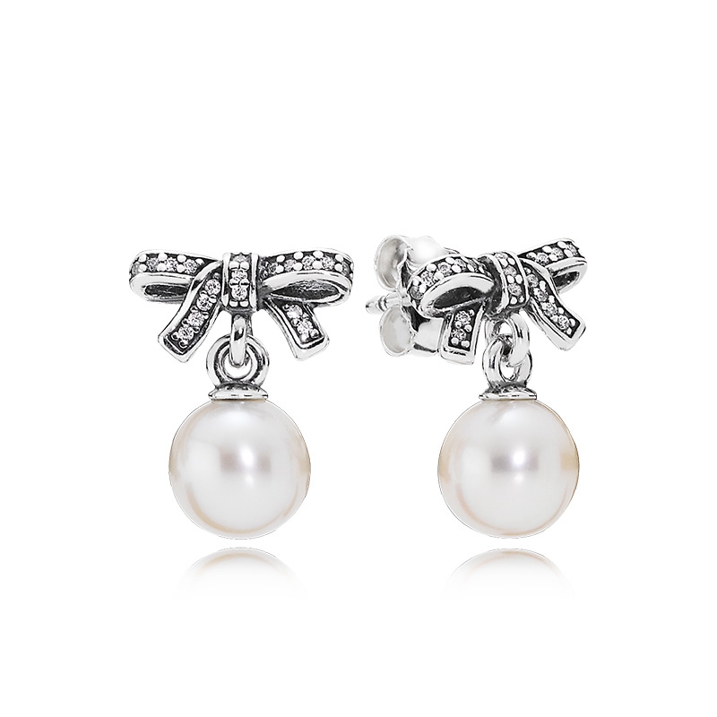 Pearl Pendant Stud Earrings 100% 925 Sterling Silver Luxurious Earrings Women Girlfriend Gift Wedding Party Jewelry Sparkling Bow earrings with Reta