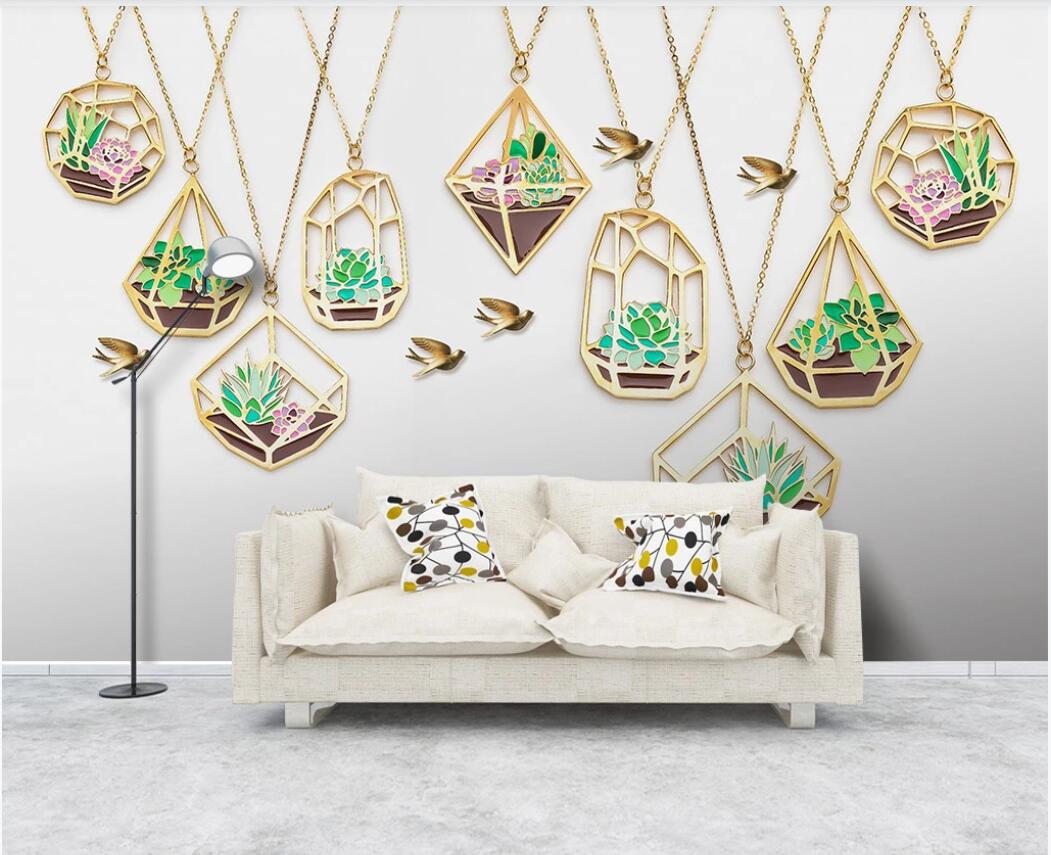 

3d wallpaper custom photo murals Nordic small fresh gold pendant tropical plant bird background wall painting decor wall art pictures, Non-woven fabric